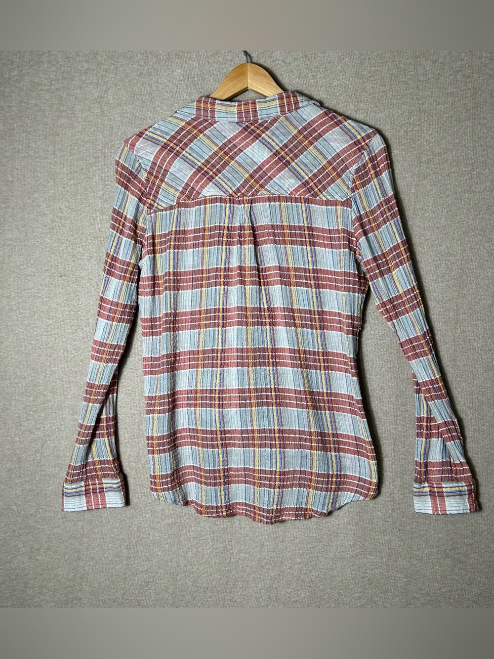 Free People We The Free Gauze Shirt Womens Medium Plaid Long Sleeve Pockets - Picture 9 of 11
